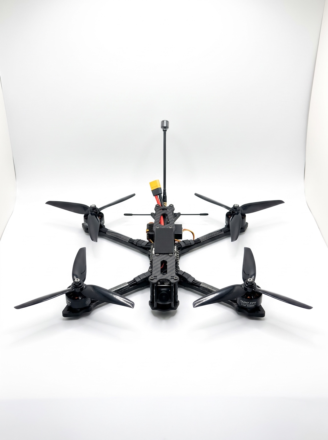 HUNT tactical FPV aircraft, white studio front view
