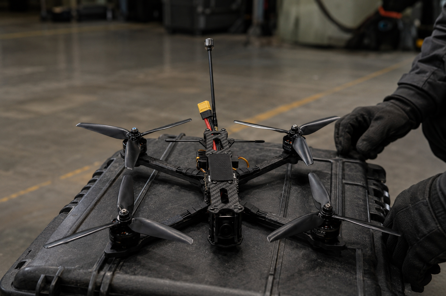 Operator preparing a HUNT airframe from a transit case